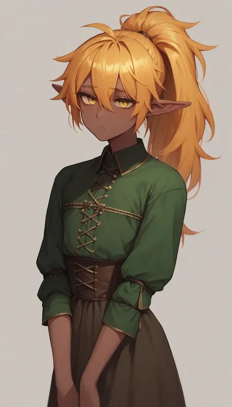     best quality  ,       very detailed    ,(dark elf boy :1,7), black circles under the eyes , yellow eyes ,(golden hair ponytail:1,8), tired,  a femboy ,   slim,  perfect body   , Cute,  medieval clothing, playful, 