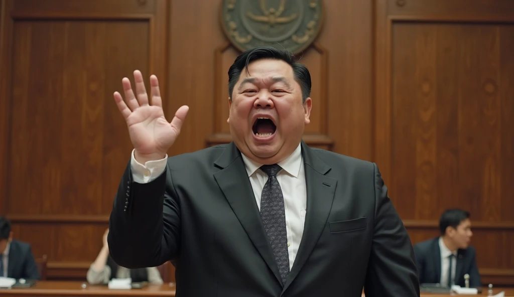 A 35-year-old Chinese fat man standing inside a courtroom, wearing a formal black suit with a white shirt and tie. He has short black hair and an angry expression, shouting with his mouth wide open and eyebrows furrowed. His right hand is raised mid-gestur...