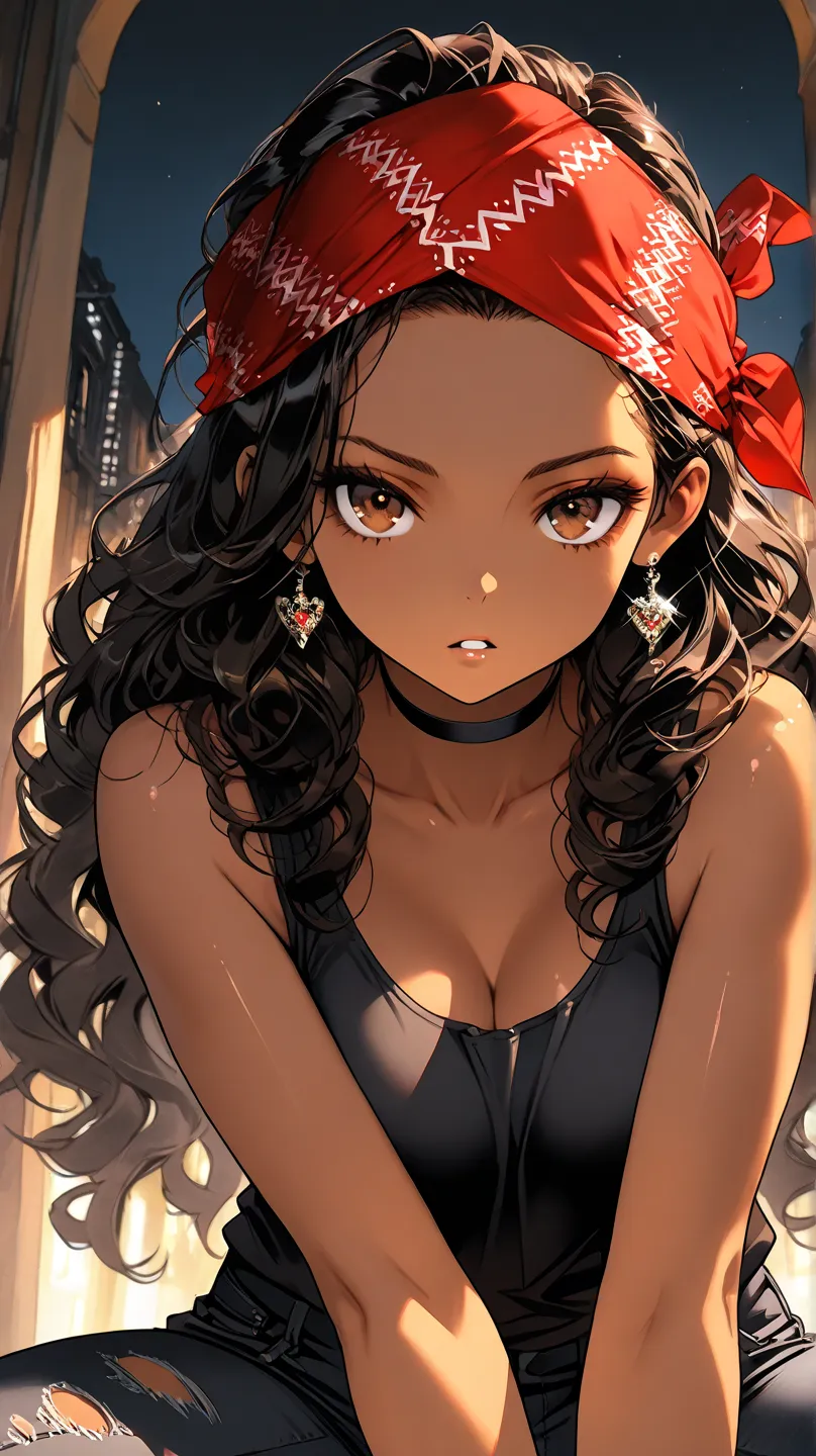 1Girl, Mature, Ebony, African American, Dark Brown Skin, Jet Black Hair, Long Curly hair, Shiny Hair, Forehead, Hime Cut, Bright Brown Eyes, Dark Brown Eye Shadow, Black Tank-Top, Red Bandana Wrapped Around Head, Black Ripped Jeans, Black Choker, Looking A...