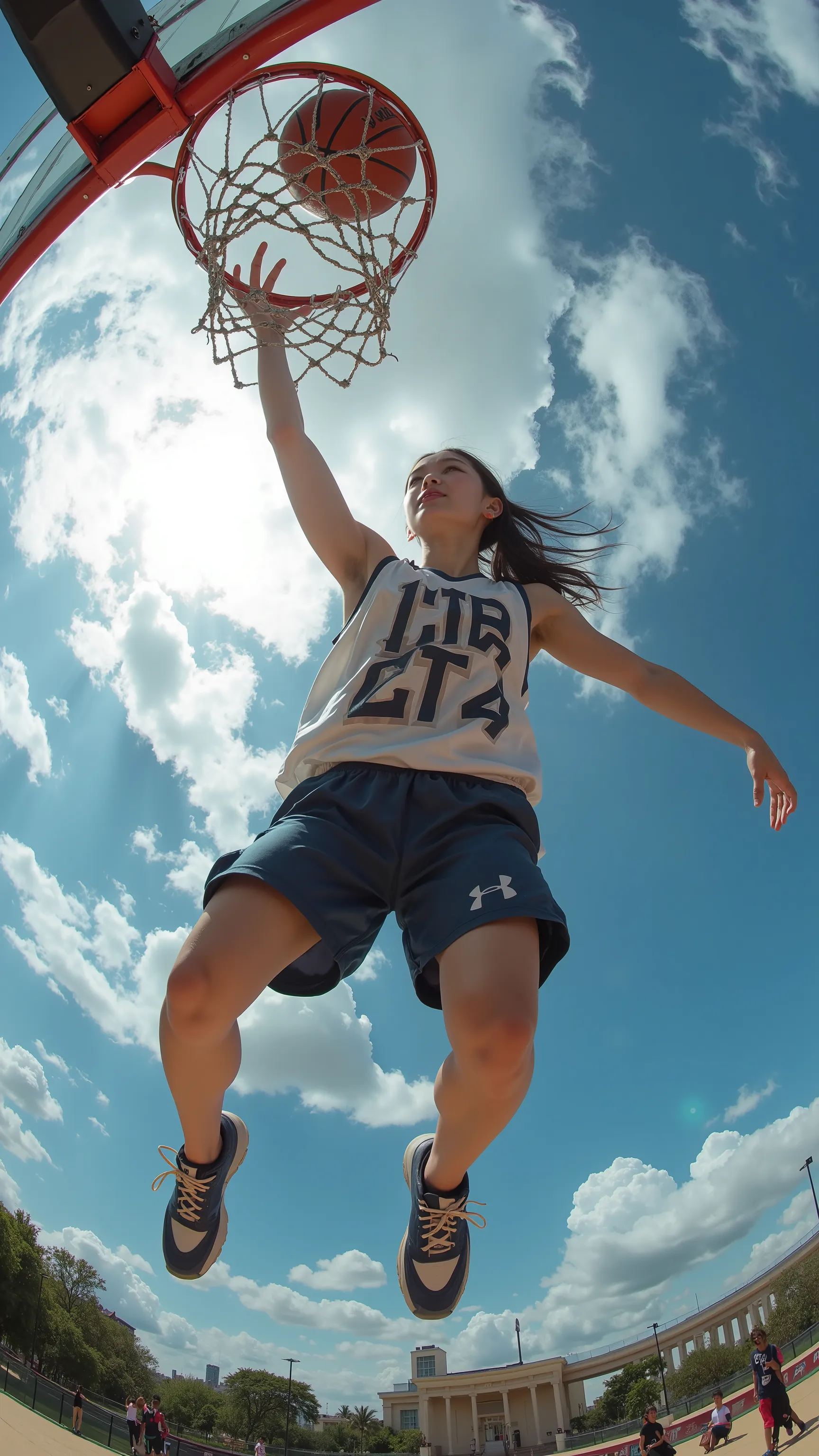   from above 、 fisheye、Crazy Japanese woman dunk jumping up into the air to dunk a basketball ball,  extremely low angles  shot,   dynamic low angle shot  ,   play basketball  ,   Shooting Angle from Below  ,   taken from below,  extremely low angles  long...