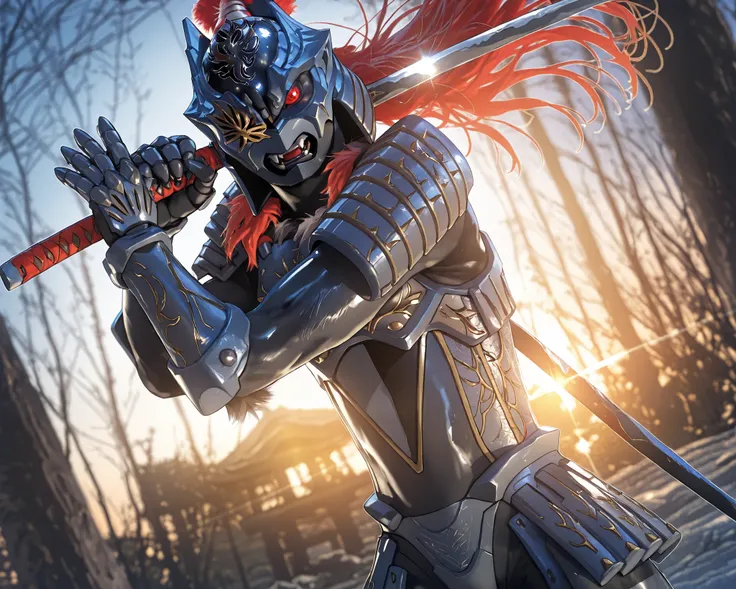 masterpiece, best quality, official art, detailed, realistic, game cg, ultra-detailed, beautiful detailed eyes, very aesthetic, solo, furry male, shiny skin, (Zamushar), red hair, (pitch black body), white pupils, fangs, uneven eyes, (one-eyed:1.2), chest ...