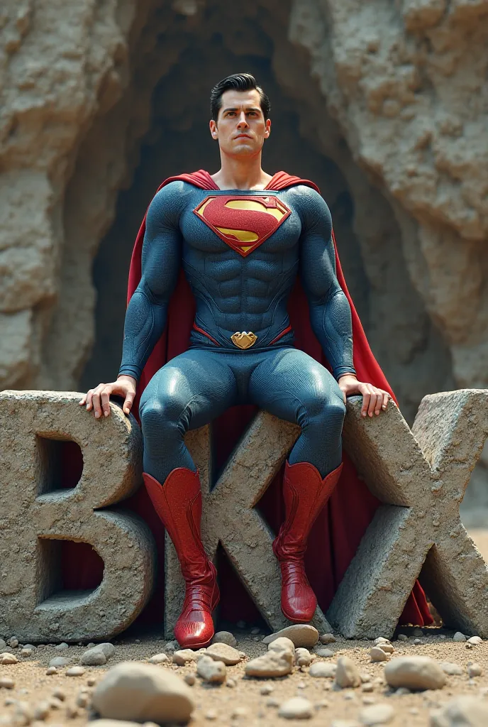  Superman ,with half Klark Kent clothes and half Superman clothes , He's sitting on the letters : BKX   , made in stone 