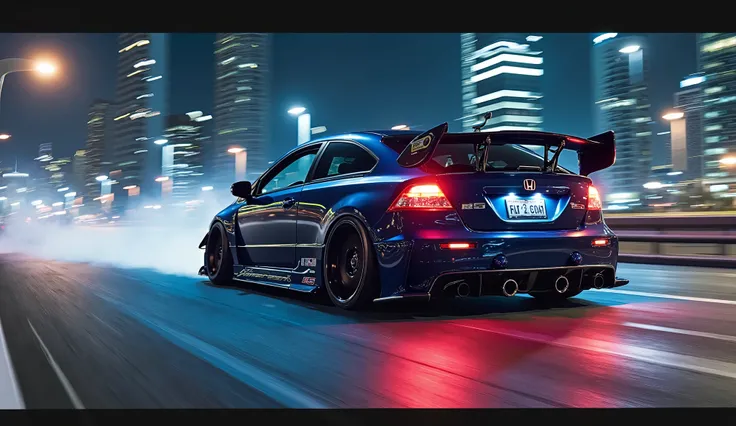 Modify a 2007 Honda Civic RS rear end, dark blue color, drifting in the middle of city at night