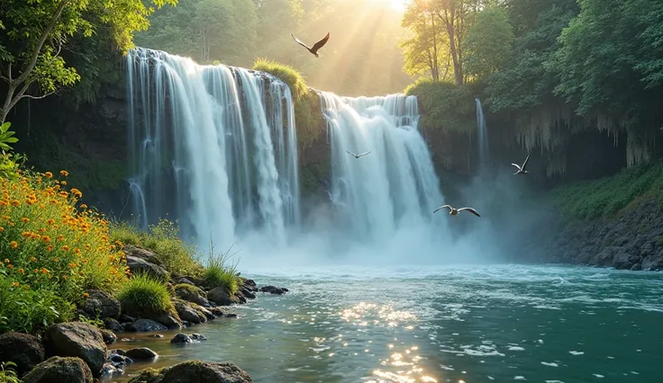 A breathtaking scene of crystal-clear water cascading down a rocky cliff, forming a serene and refreshing waterfall. Mist rises gently as the water crashes into the pool below, creating a dreamy and tranquil atmosphere. Tiny yellow wildflowers bloom along ...