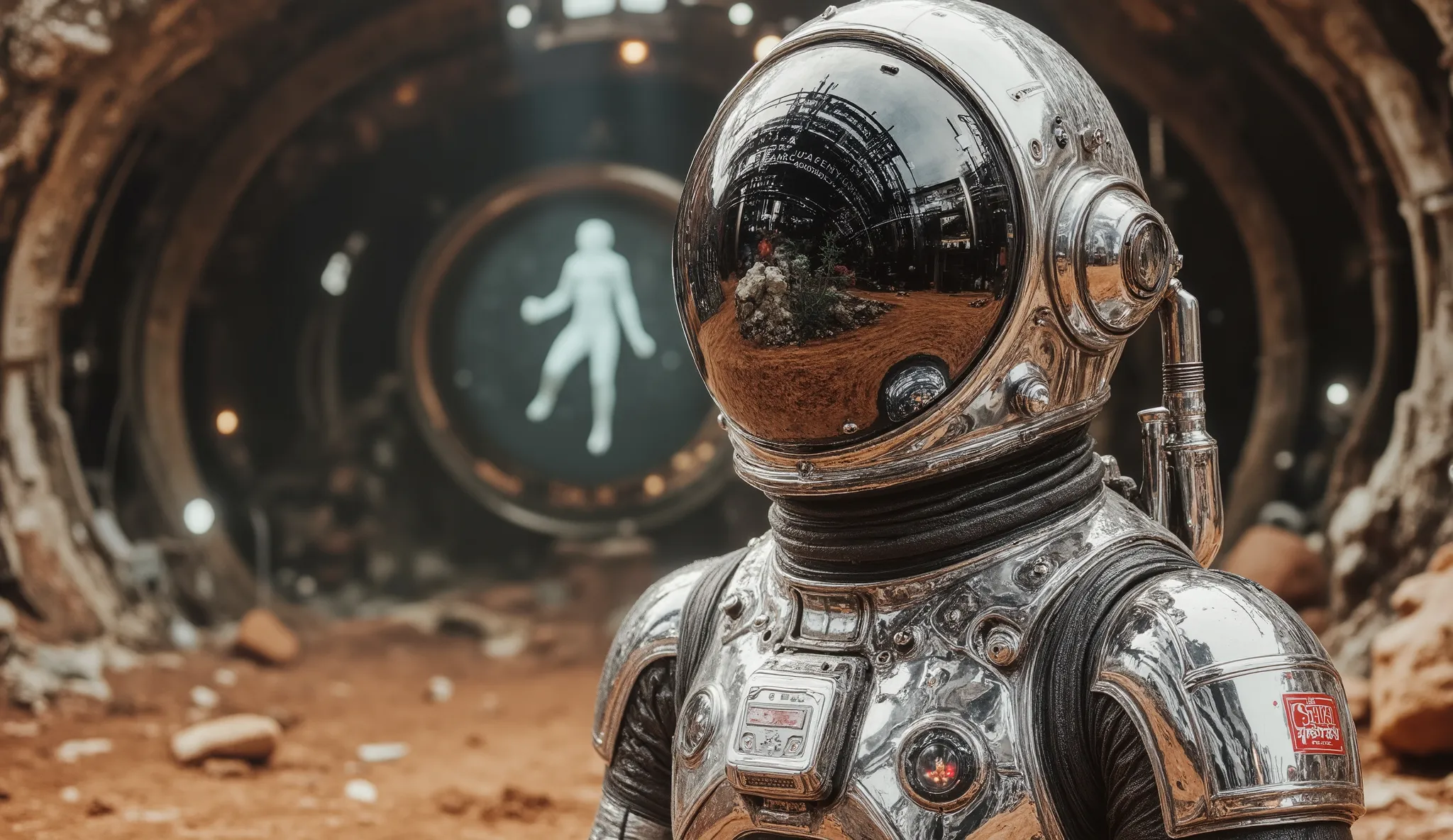 A lone astronaut stands on the surface of Mars, his mirror-like helmet reflecting the interior of the abandoned spacecraft. whose technology still shines faintly despite centuries of deterioration. The reflective surface of the helmet is almost hypnotic, s...