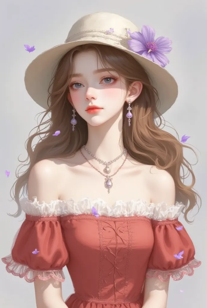 1girl, bucket_hat, solo, looking_at_viewer, dress, flower, red_dress, hat, brown_hair,   , purple_flower, upper_body