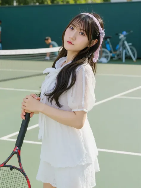 A cute Japanese woman standing on a tennis court, holding a tennis racket. She is captured in the moment of hitting a tennis ball with her racket. The scene shows the dynamic action of the ball mid-air, with her focused expression. She wears a stylish tenn...