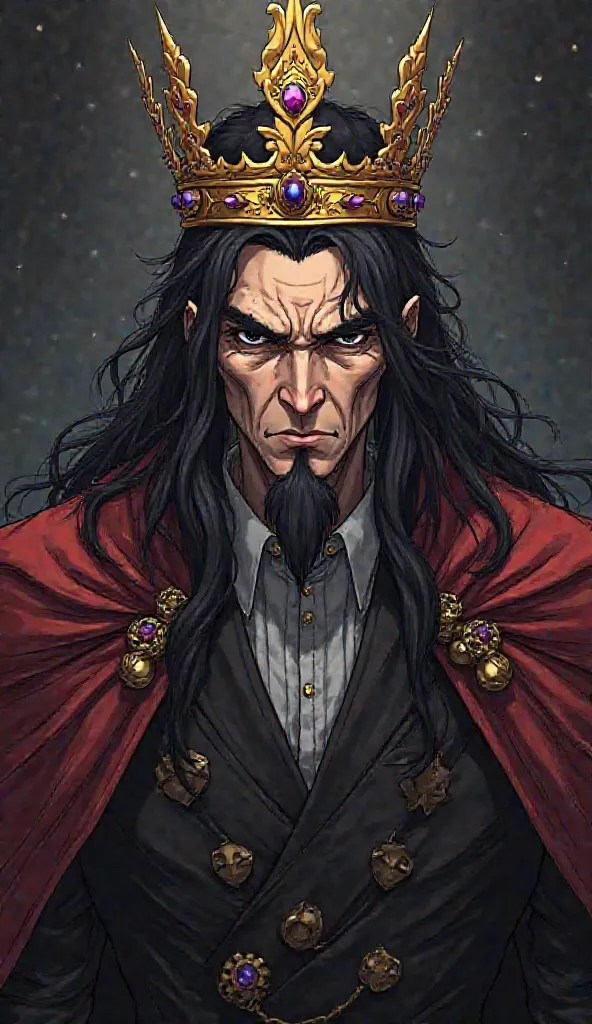 Prompt:
"An anime-style illustration of Duke Rain, a 100-year-old king with a charismatic and intimidating presence. He is 190 cm tall, with sharp black eyes, long black hair, and an overwhelming dark aura. His aged face has deep wrinkles, yet he exudes wi...