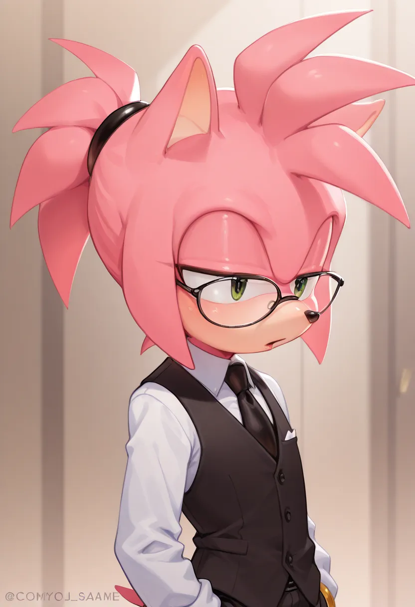 an anime scene with character looking at something in the distance behind him, solo, glasses, male focus, 1boy, ponytail Amy Rose, 