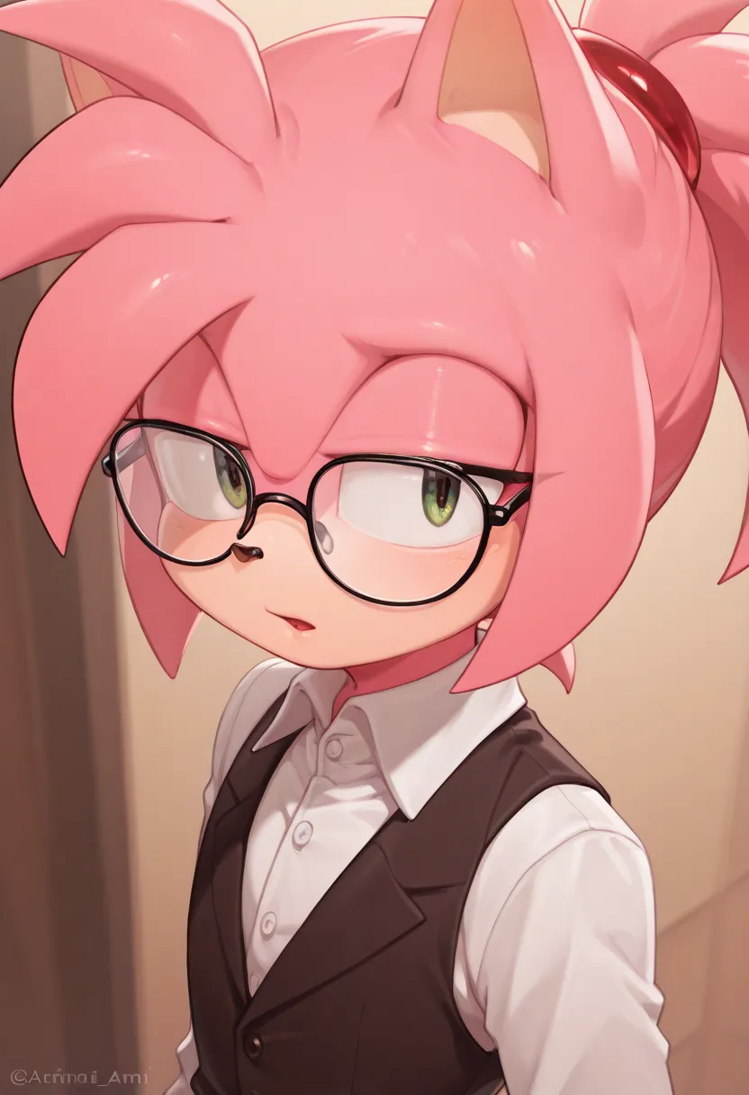 an anime scene with character looking at something in the distance behind him, solo, glasses, male focus, 1boy, ponytail Amy Rose, 