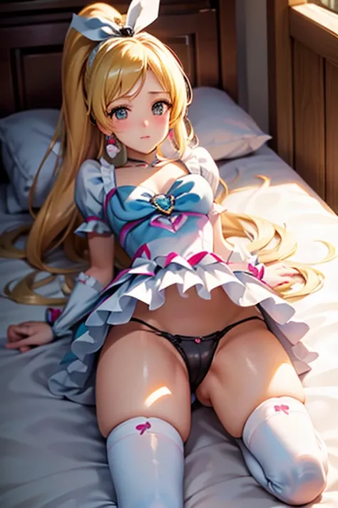 Cure the rhythm  、  Pretty Cure  、blonde、  long hair、C cup breasts、  photo from below  、(on the bed)、a girl、((  Black panties))、()、  ponytail  、  kneeling、( white thigh socks  )、