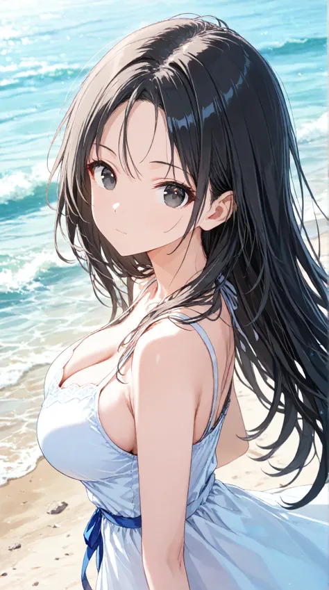 
masterpiece,large breasts, long hair, (black hair) , bangs, （1girl1.5）,  blue ribbon、（ 1.5）, 18 years old、breast focus、looking at viewer、sundress、sea