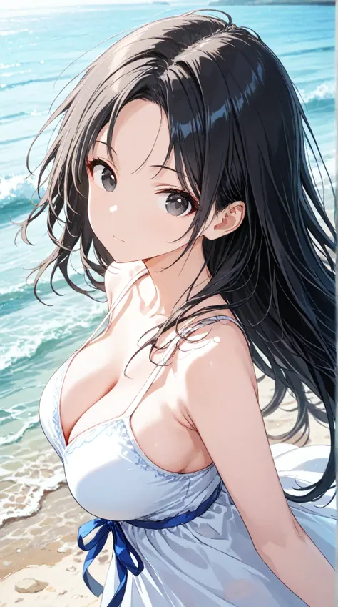 
masterpiece,large breasts, long hair, (black hair) , bangs, （1girl1.5）,  blue ribbon、（ 1.5）, 18 years old、breast focus、looking at viewer、sundress、sea