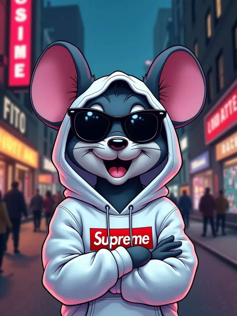 A cartoon-style cartoon of a smiling mouse, with arms crossed, with a white hoodie brand "Supreme"torn and placed over the head, Some dark black sunglasses, New York City at night in the background with neon colors and graffiti 