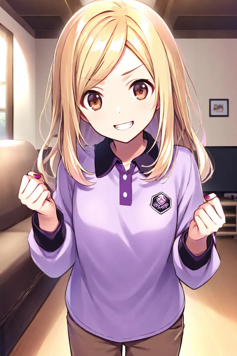 1girl, kanade yumeno, blonde hair, long hair, brown eyes, looking at viewer, indoors, living room,  daytimes, nail polish, longe sleeves, purple polo shirt, collared shirt, brown jeans, looking at viewer, open mouth, standing, smile, clenched teeth, clench...