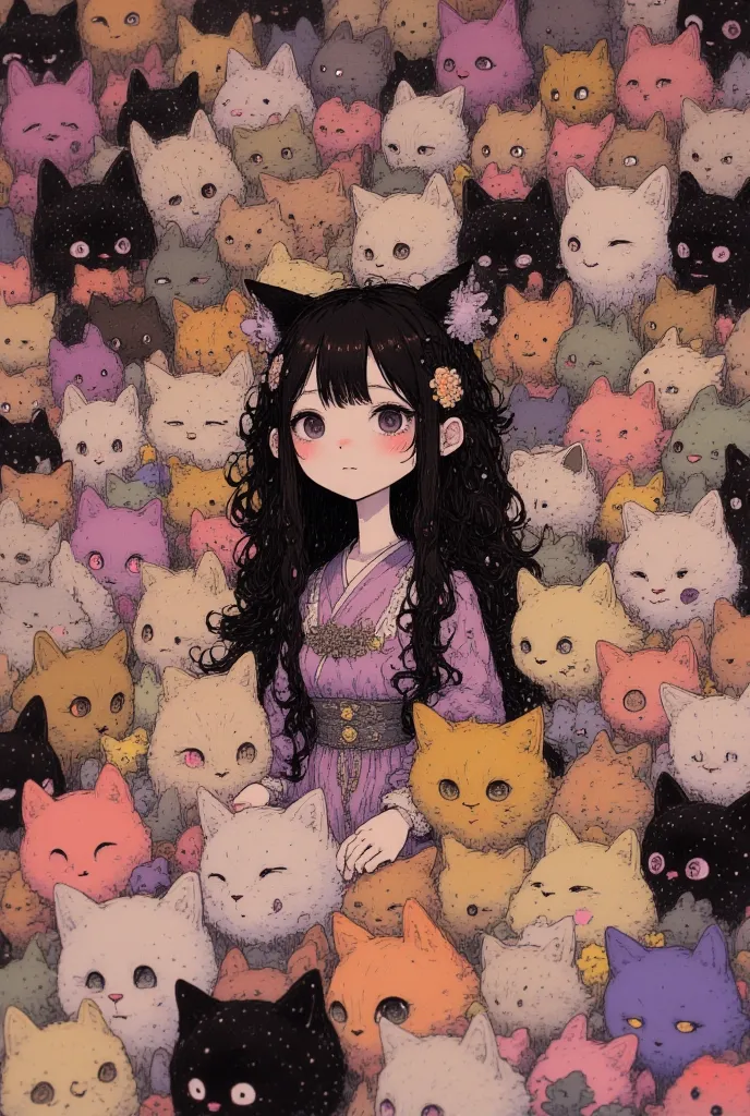 (High definition, masterpiece, accurate, top quality, high definition model, high detail, (((soft texture))), ((matte, toy-like handmade luxury))), (((Tim Burton style))), happy and smiling girl surrounded by many cats, top quality, (fine detail:1. 1)), de...