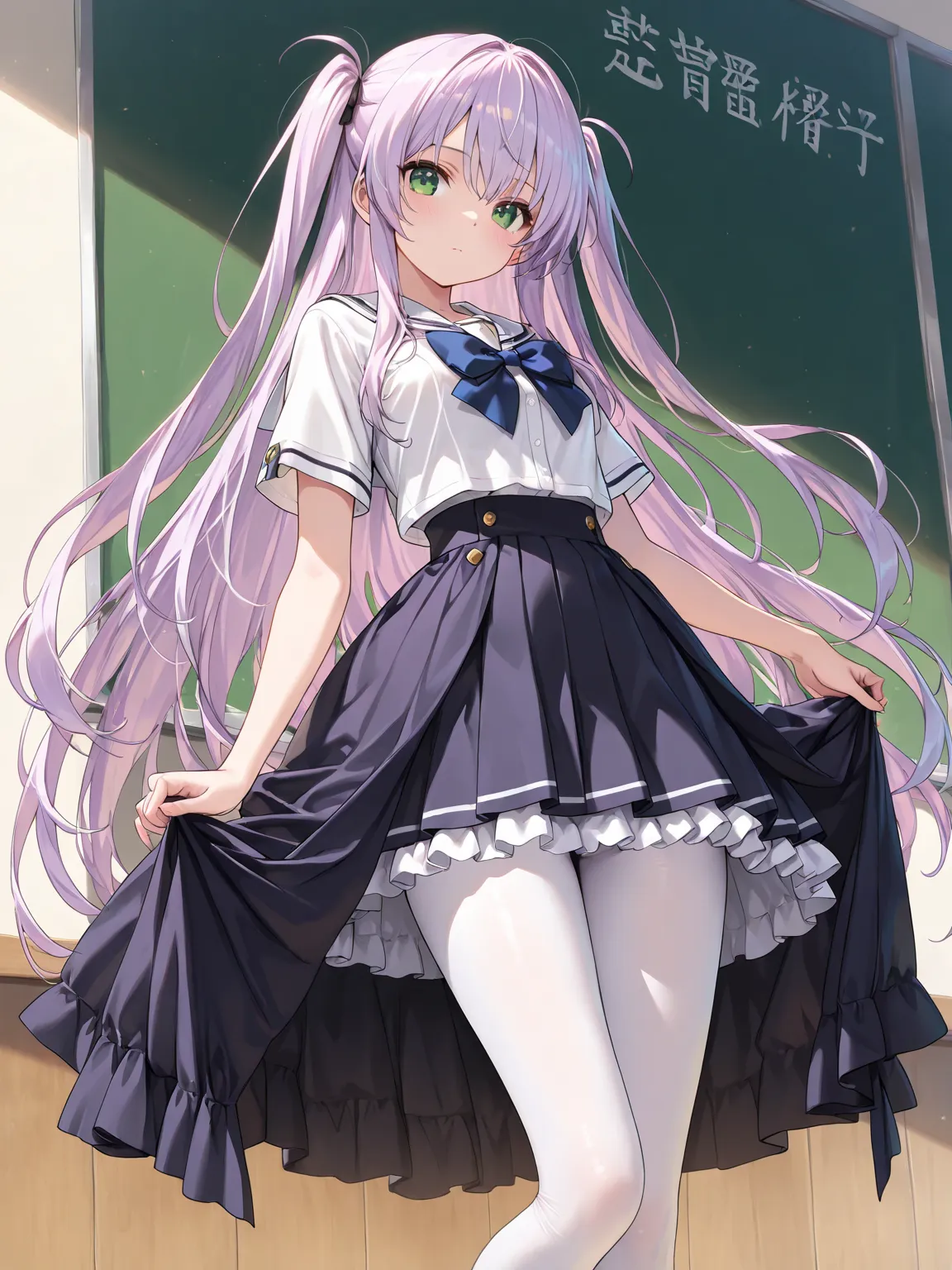 ((masterpiece, best quality, ultra-detailed character)), 1girl, soft purple hair, very long hair, long side up, green eyes, school uniform, white shirt, short sleeves, long skirt, frilled skirt, showgirl overskirt, white pantyhose, perfect composition