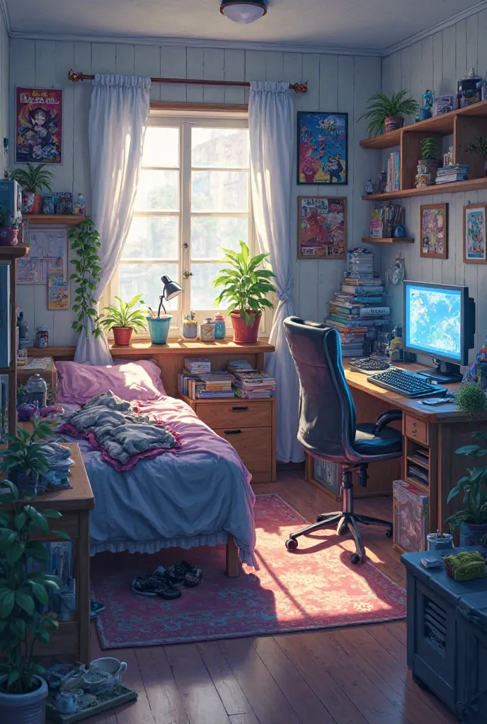 high resolution, anime paint style. draw a room for a age guy. white wall. light wood. desk with gaiming computer. bed, a lot of clutter. messy, plants. white curtains. cozy. dark moody light