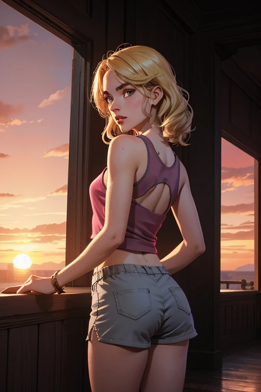 1girl, slender body, cute, tween girl, young girl, young body, blonde hair, wearing pink shorts, dark grey tank top, back view, looking back at viewer, beautiful detail eyes, beautiful detail lips, , , thighs, dramatic lighting, cinematic composition,. Sun...