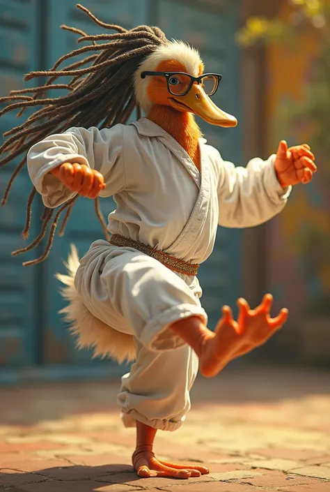 Create a capoeira duck, Him using the Abadá de capoeira (light white pants and white shirt), He has dreads and wears glasses