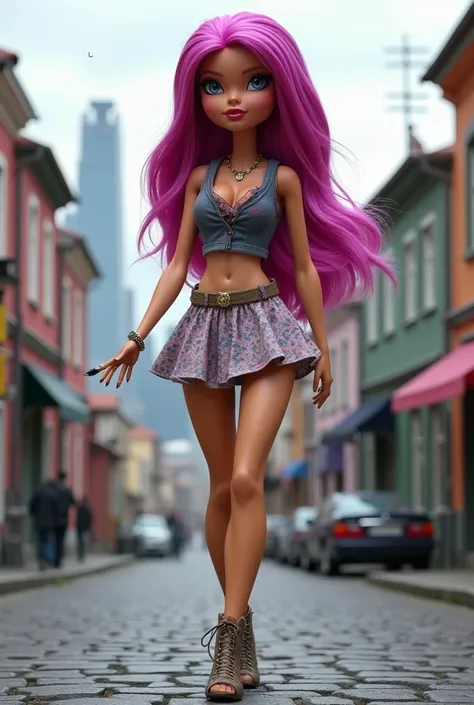 photorealistic, Large Bratz doll Chloe, walking in very small Minsk