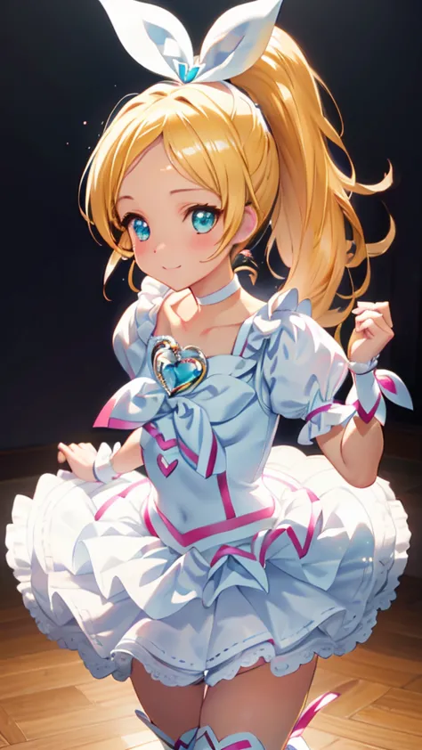 Cure the rhythm , 1 girl,  fluffy hair , blondes,  long ponytail , forehead, white ribbon, white dress with frill and blue jewel, White chest strap、White wrist cuffs,  thighs, white boots with pink laces, white choker,  bright green eyes , transparent whit...