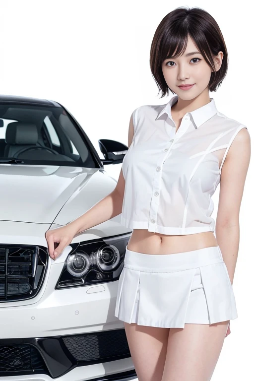 luxury car campaign girl standing beside a luxury car、Alone, 1 girl, viewers,  upper body, ( pure white background:1.3),  Nakano Ichika, white shirt,  school uniform, viewers, smile,   Open Clothes , 18 years old,  Clothes Lift ,  Open Clothes , viewers, b...