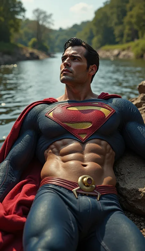  Superman,  on a riverbank, with a fully fitted and ripped suit, showing her muscles, Lying down, in a sensual and provocative position, exposing your defined abdomen