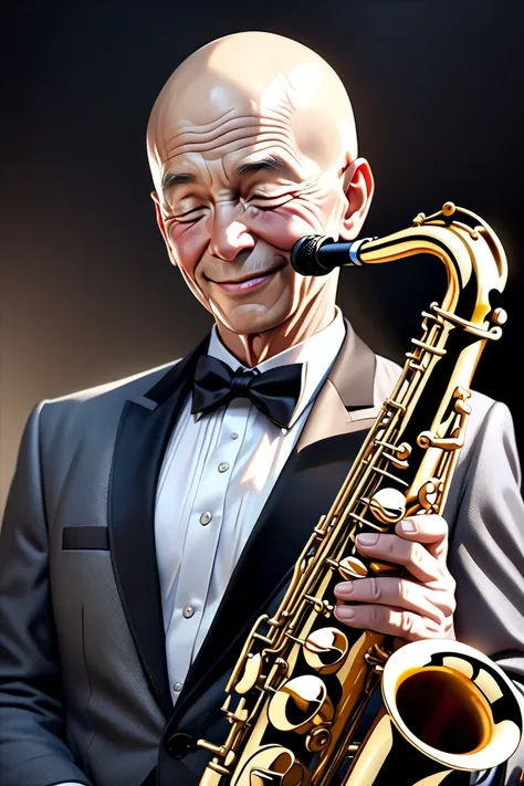  ( bestquality,4K,8k, highres,masterpiece:1.3),ultra-detailed,(realistic,photorealistic,photo-realistic:1.3),HDR,UHD,A very shy bald old man holds one alto saxophone、8k RAW photo、Dad is Japanese６０generation、Small、detailed facial features and glossy lips、de...