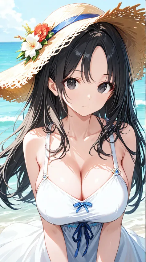 
masterpiece,large breasts, long hair, (black hair) , bangs, （1girl1.5）,  blue ribbon、（ 1.5）, 18 years old、breast focus、looking at viewer、sundress、sea、straw ha