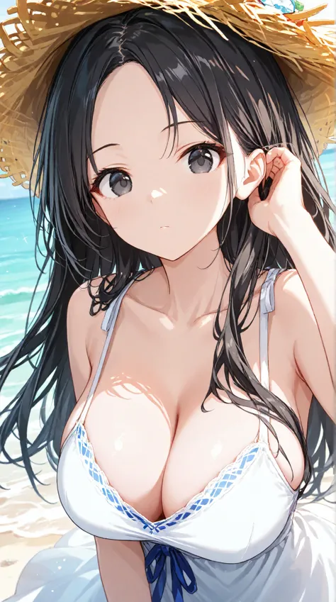 
masterpiece,large breasts, long hair, (black hair) , bangs, （1girl1.5）,  blue ribbon、（ 1.5）, 18 years old、breast focus、looking at viewer、sundress、sea、straw ha