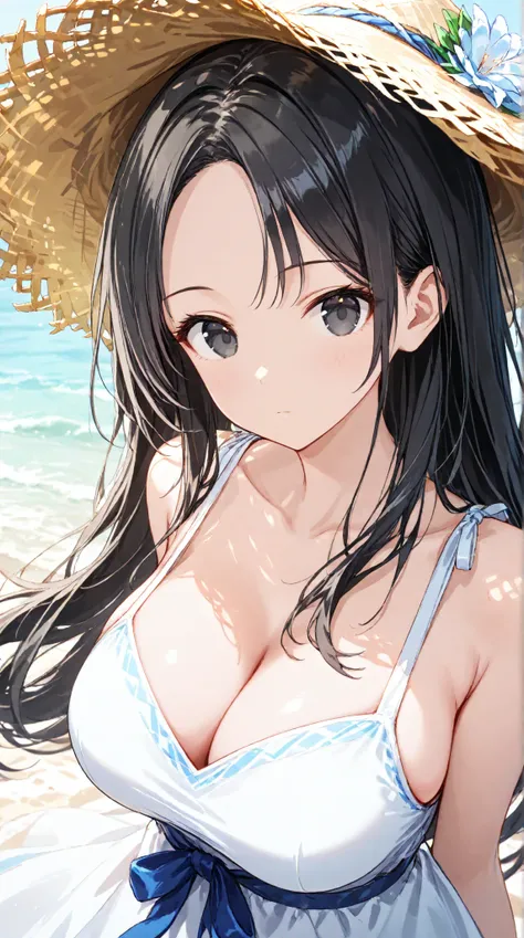 
masterpiece,large breasts, long hair, (black hair) , bangs, （1girl1.5）,  blue ribbon、（ 1.5）, 18 years old、breast focus、looking at viewer、sundress、sea、straw ha