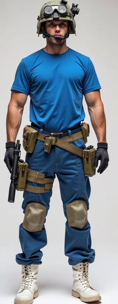 military uniform, blue shirt with pants, white boots, 2014-2015 The guy stands at full height and straight.Stands straight.A type of uniform worn during war or regular service.With weapons and equipment.Dressed inwhite tactical gear.Dressed in advanced com...