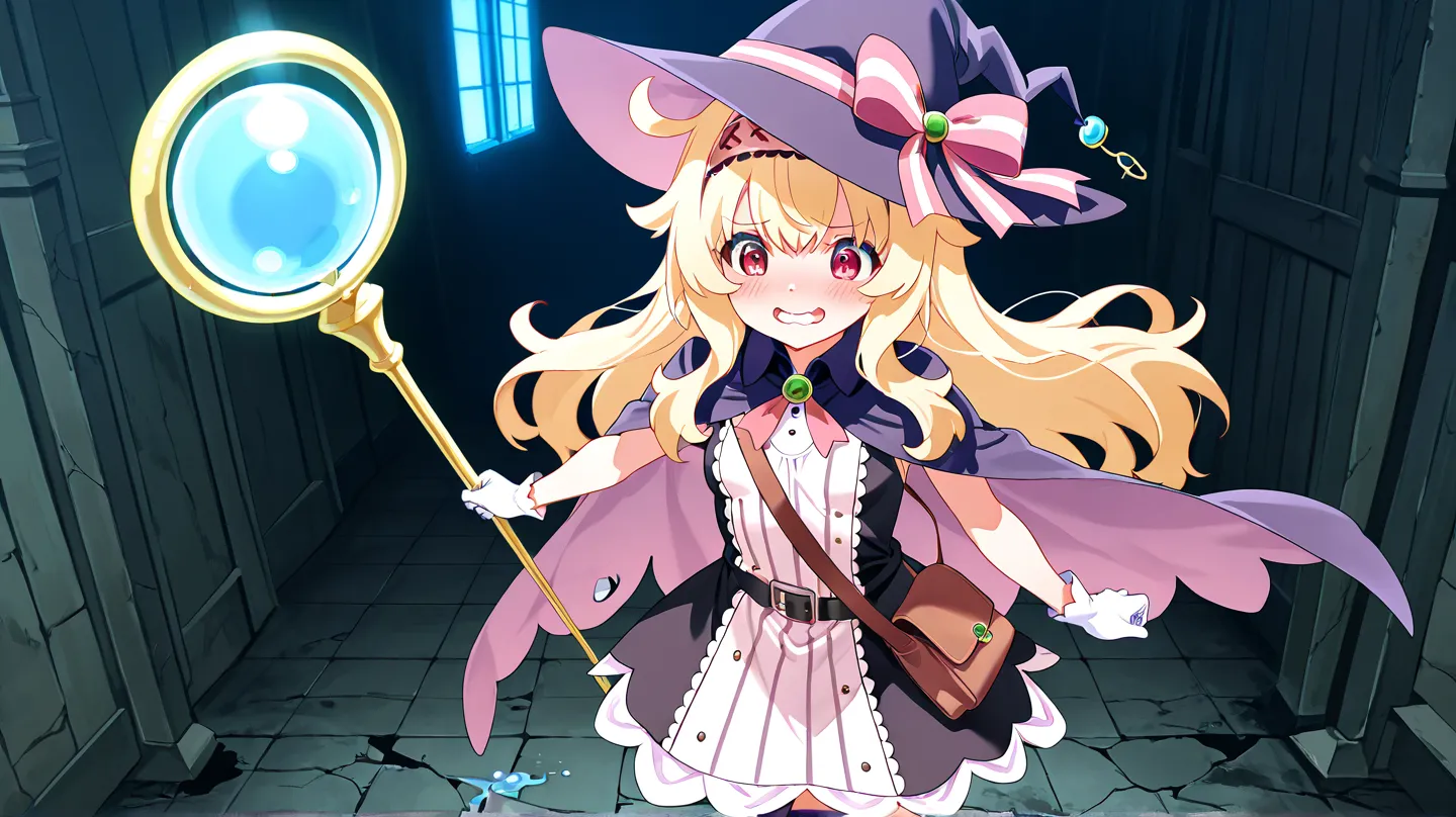 1girl, Nobeta \(Little Witch Nobeta\), anime screencap, masterpiece, best quality, solo, A young This is a side-by-side photograph of a young, open mouth, wavy mouth, shy, small breasts, holding staff, grin,staff was glowing a light blue, walking. a woman ...