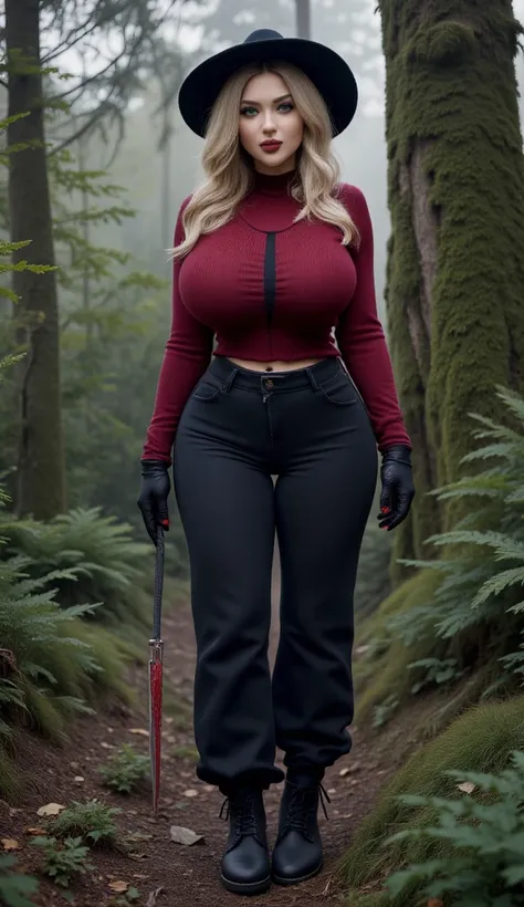 1 woman over 30 ,light long wavy hair, black brimmed hat,green eyes,spout, sponges, Cute face ,  Slavic appearance, giant breasts,dark red with a black stripe tight sweater with a huge front neckline, wide waist,black gloves loose spacious pants (bananas),...