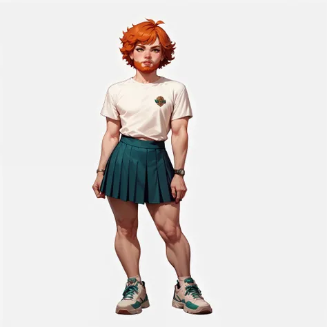 dwarf femboy, very short height, full body shot, (short height:1.4), (short arms, short legs:1.3), beard, male upper body, skirt, sneakers, naked upper body