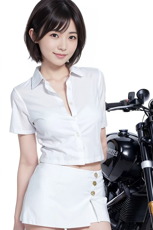 Motorbike campaign girl、Alone, 1 girl, viewers,  upper body, ( pure white background:1.3),  Nakano Ichika, white shirt,  school uniform, viewers, smile,   Open Clothes , 18 years old,  Clothes Lift ,  Open Clothes , viewers, bangs raised by herself, プリーツ s...