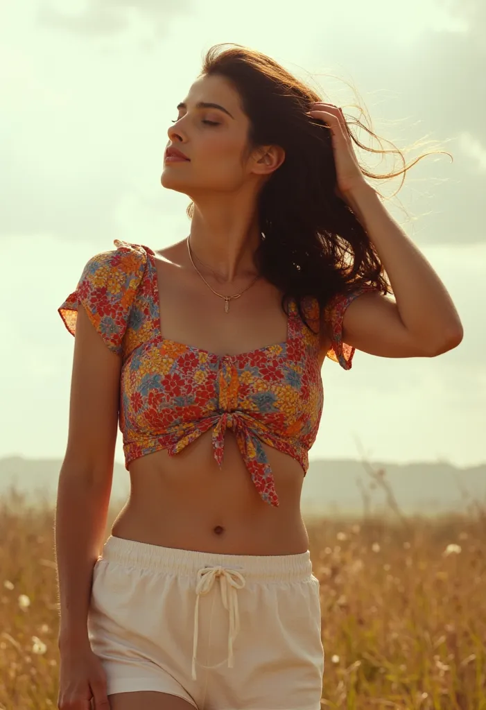 An Indian woman with black hair, wearing a colorful flower patterned, loose top tied at the waist and white drawstring shorts, stands in a dynamic pose with her eyes closed and head tilted back. Her midriff is exposed, and her wind-blown hair cascades acro...