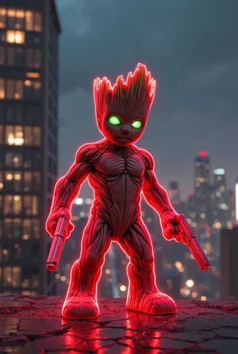 Baby Red hulk as groot, baby groot, baby gersion, in tall building terrace, wearing red neon suit, night time, angry, with weapons in hand dusty, super realistic, skin details, photorealistic, full body, raw ptoto, minor details, superhero pose, new suit, ...