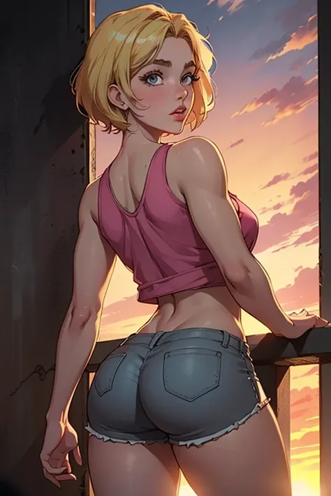 1girl, slender body, cute, tween girl, young girl, young body, blonde hair, short hair, wearing pink shorts, dark grey tank top, back view, looking back at viewer, beautiful detail eyes, beautiful detail lips, , , thighs, dramatic lighting, cinematic compo...