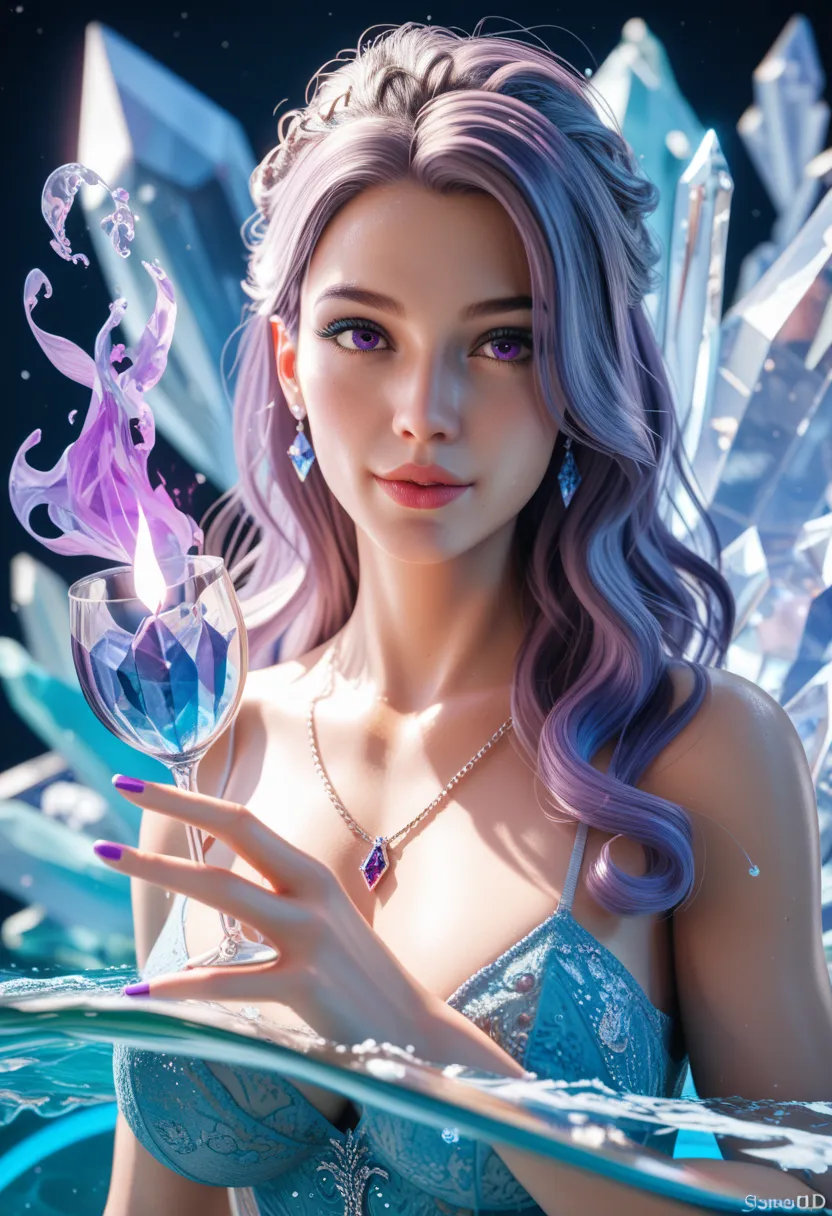  a  ， rainbow color 的头发，romantic nature， long hair，Straight Hair，left hand blue flame，Right hand purple flame，huge ， a dreamy realm， light white and light red ，Great vibe ，Waves. 3d.  rainbow color . The fascinating beauty of the universe . Surrealism in N...