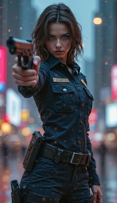 Create a masterpiece image with the highest quality and high resolution featuring a solo female police officer standing with a determined expression. She holds a detailed Glock 22 pistol, ready to confront invisible threats. The background showcases a vibr...