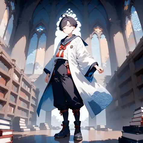 masterpiece, high score, great score, absurdres,
1boy,standing,male focus,posing,19-yo,full body,slim, (very short) black hair, ahoge, swept bangs,(spiky hair:0.9),blu eyes,white haori,navy gradient, seigaiha pattern,sailor collar,red knots,black tapered p...