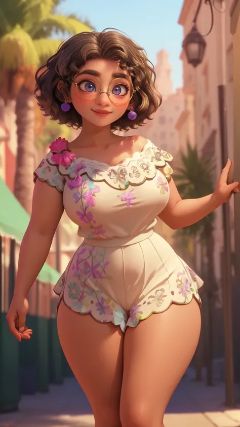 mirabel madrigal,  glasses, smile, ((naked)), market background, (((brown skin))), detailed skin, perfect legs, perfect thighs, (((curvy body))), huge BREASTS, INVITING TO SEX