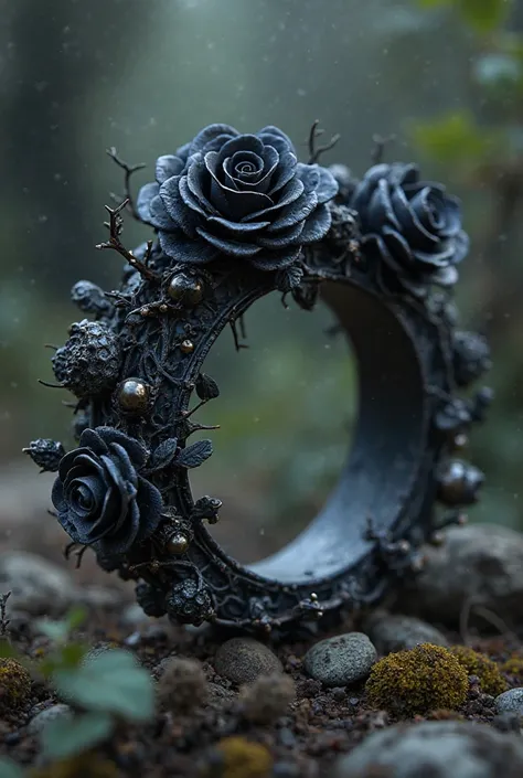 Make a ring inspired by black roses, with detailed, Make a fantasy vibe less realistic as if it were a round frame from the front 