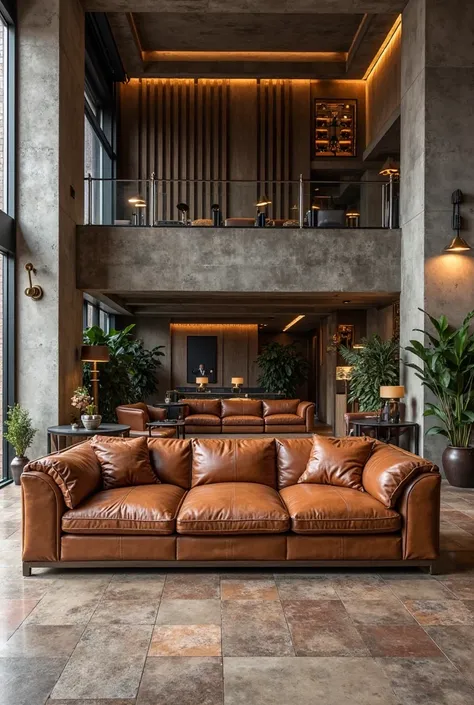 give a hotel lobby with high ceilings with industrial-style leather brown sofa