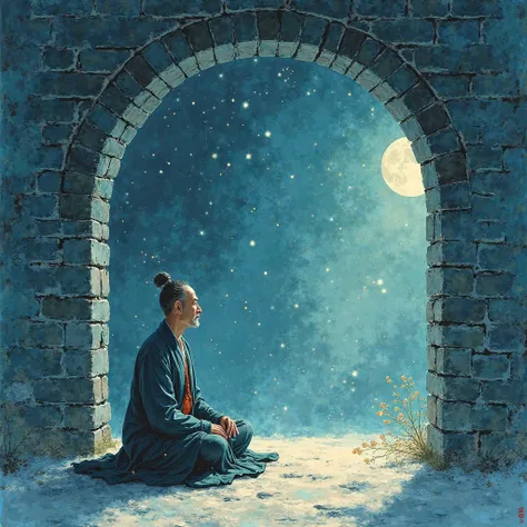 at the corner of the wall made of cyan ancient brick wall，Chinese philosopher sitting and meditating，There is light all around him，There are little stars in the light, little moon。The whole picture is in the style of Chinese ink painting