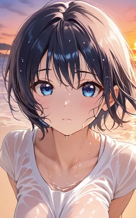 Above chest, upper body,close,solo, 1 girl, dark blue short hair wet with water, blue eyes,無地の white clothes,( white clothes)Short sleeve,Breasts that are about the size of a good size,outside, random cute poses ,random cute expressions,I'm looking over he...