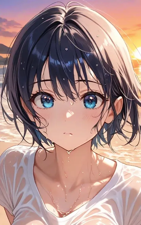 Above chest, upper body,close,solo, 1 girl, dark blue short hair wet with water, blue eyes,無地の white clothes,( white clothes)Short sleeve,Breasts that are about the size of a good size,outside, random cute poses ,random cute expressions,I'm looking over he...