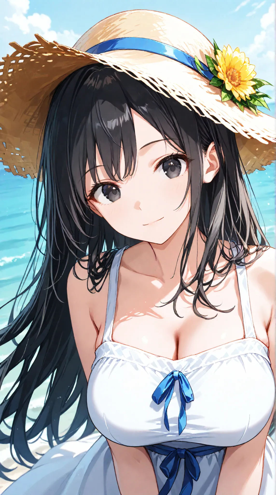 
masterpiece,large breasts, long hair, (black hair) , bangs, （1girl1.5）,  blue ribbon、（ 1.5）, 18 years old、breast focus、looking at viewer、sundress、sea、straw ha、light smile